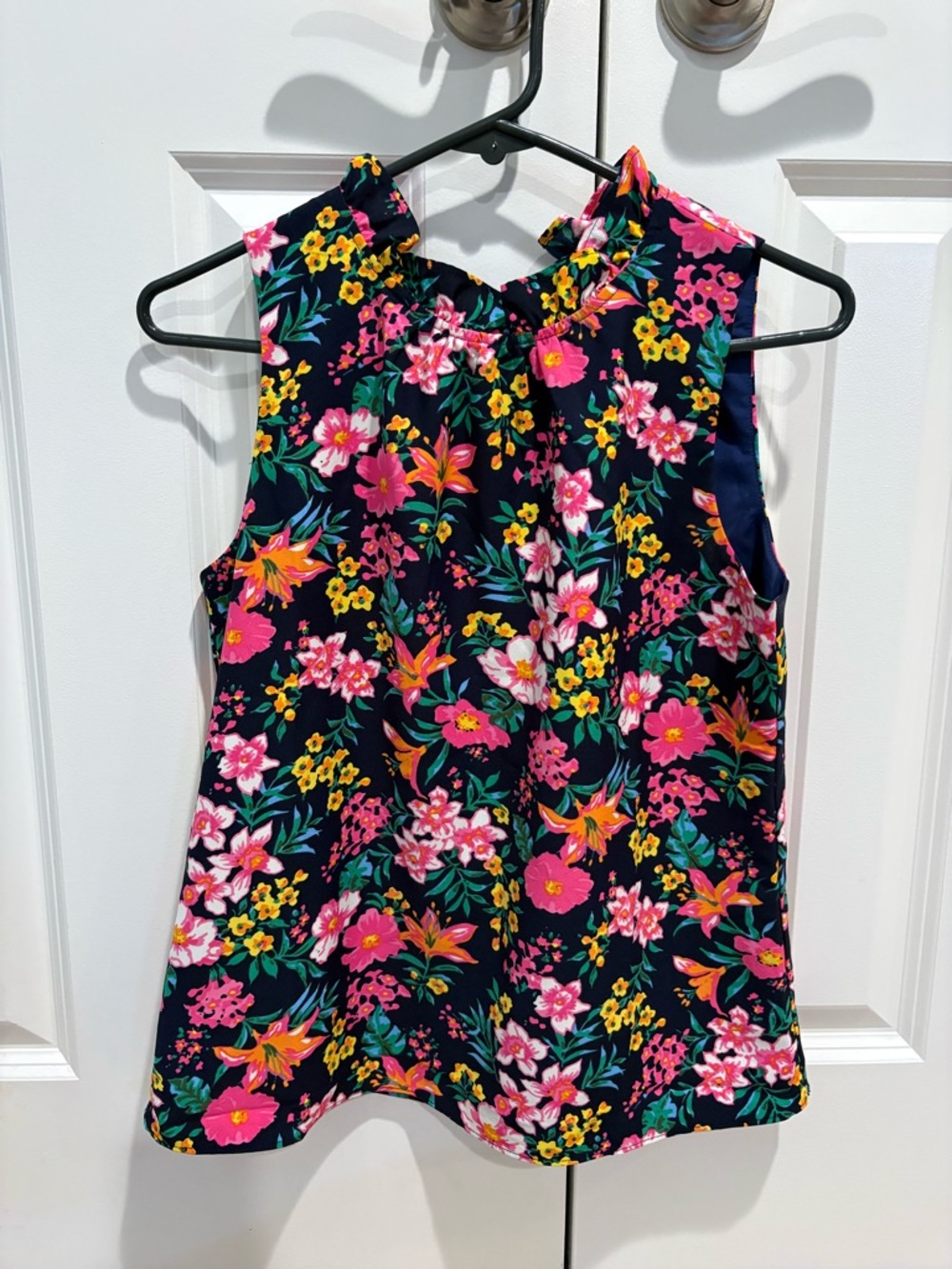 J. Crew Navy Floral Sleeveless Blouse with Bright Multicolor Blooms